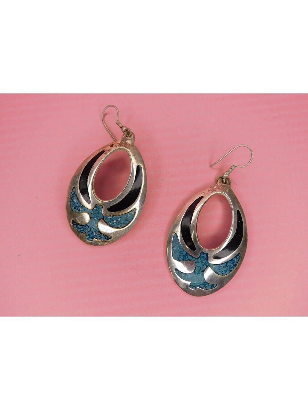 Vintage Alpaca Sterling Onyx / Turquoise Dangle Earrings